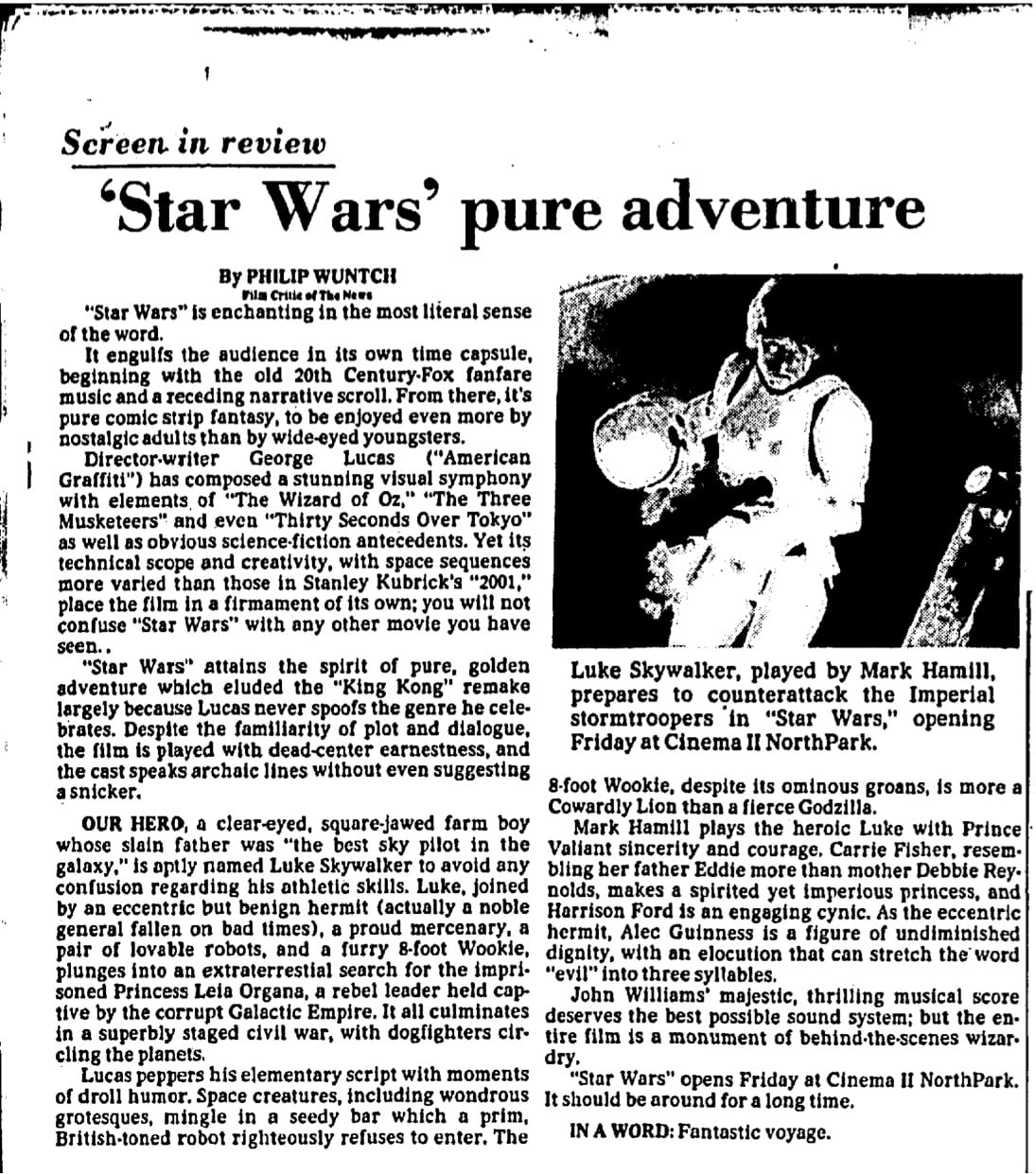 Headline: 'Star Wars' Pure Adventure by Philip Wuntch. Dallas Morning News (Dallas, Texas), May 26, 1977, p. 51. From the Dallas Morning News Historical Archive.